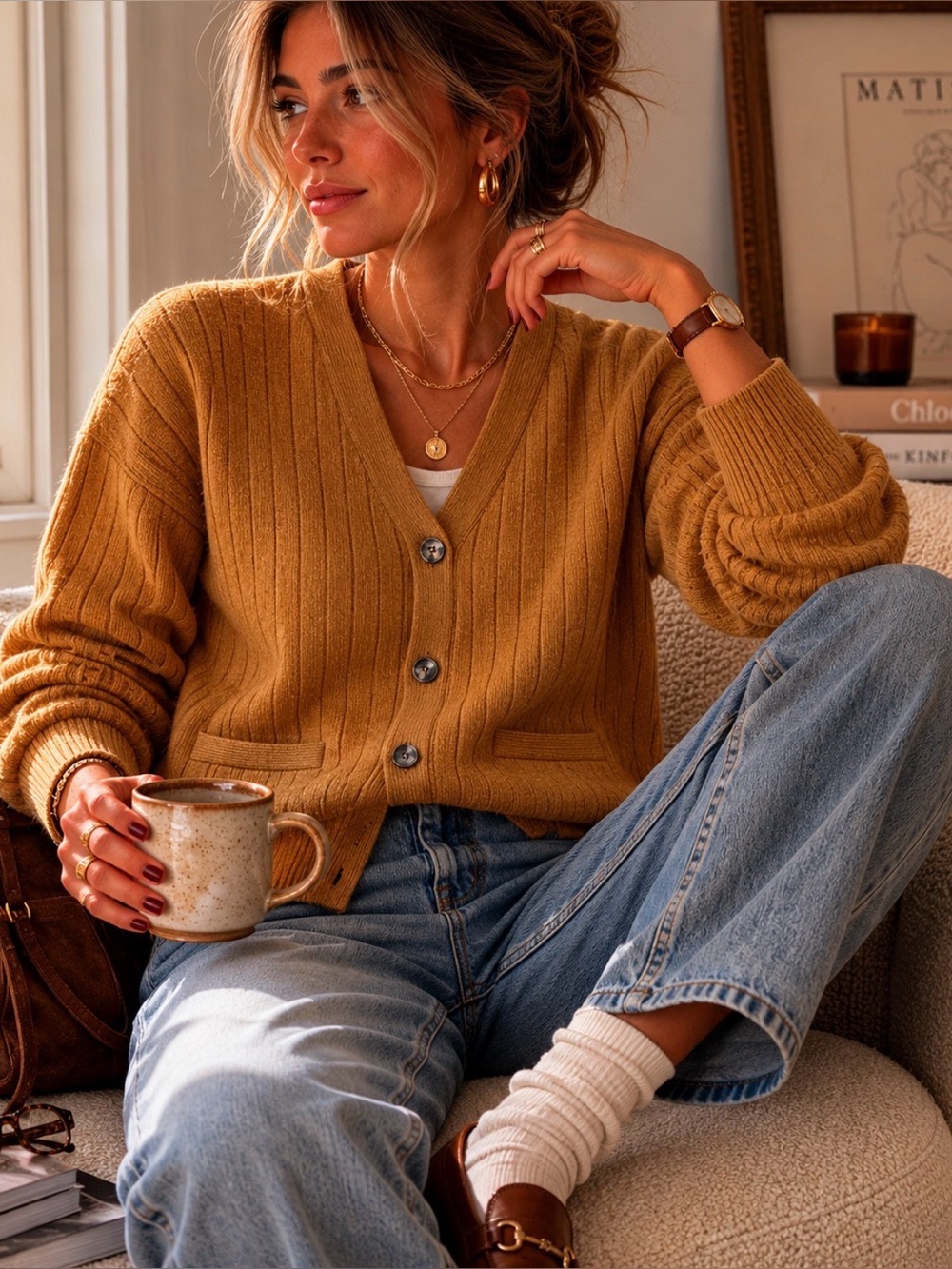 Club Room 100% Lambswool Grandpa Core Cardigan Sweater Camel Rib Knit Large